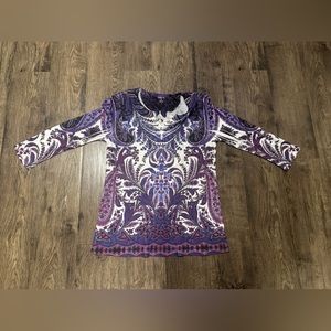Women's size medium, Style&Co brand, purple, floral patterned long sleeved top.